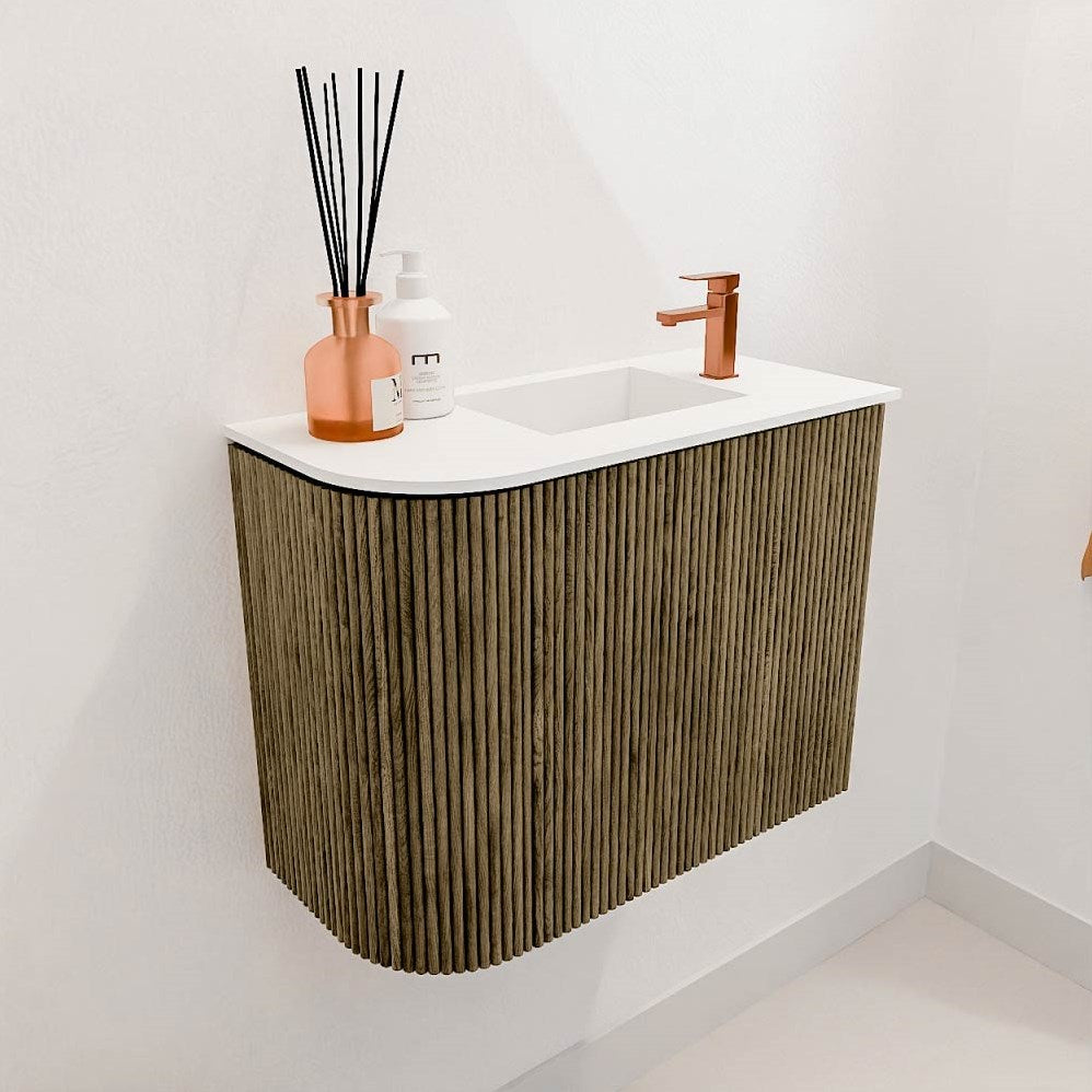 JOYA 51,6cm toiletmeubel ronding links kleur Dusk. Wastafel FAYE positie Rechts 1 kraangat kleur Talc.