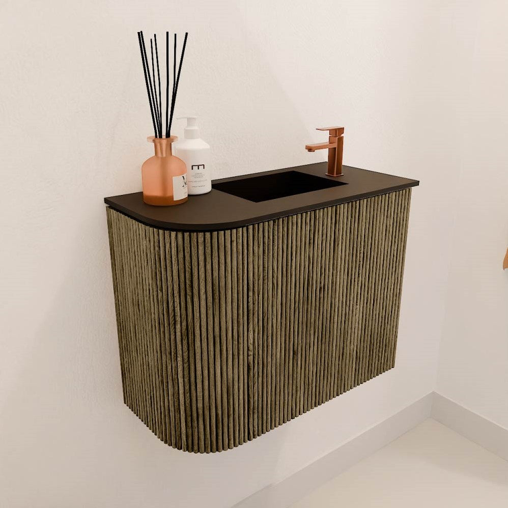 JOYA 51,6cm toiletmeubel ronding links kleur Dusk. Wastafel FAYE positie Rechts 1 kraangat kleur Urban.