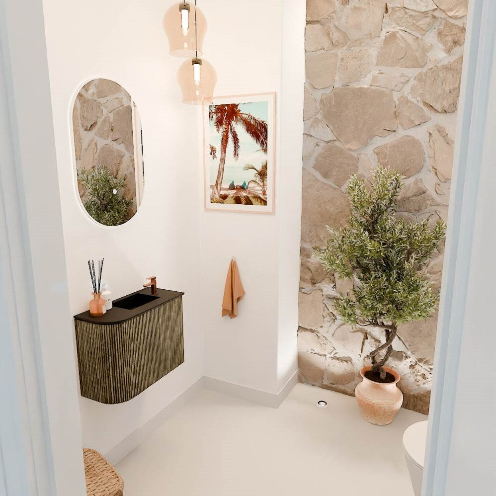 JOYA 51,6cm toiletmeubel ronding links kleur Dusk. Wastafel FAYE positie Rechts 1 kraangat kleur Urban.