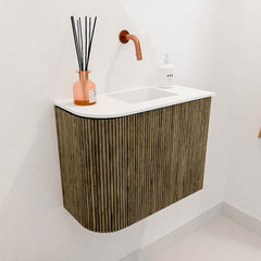 JOYA 51,6cm toiletmeubel ronding links kleur Dusk. Wastafel FAYE positie Rechts Zonder kraangat kleur Talc.
