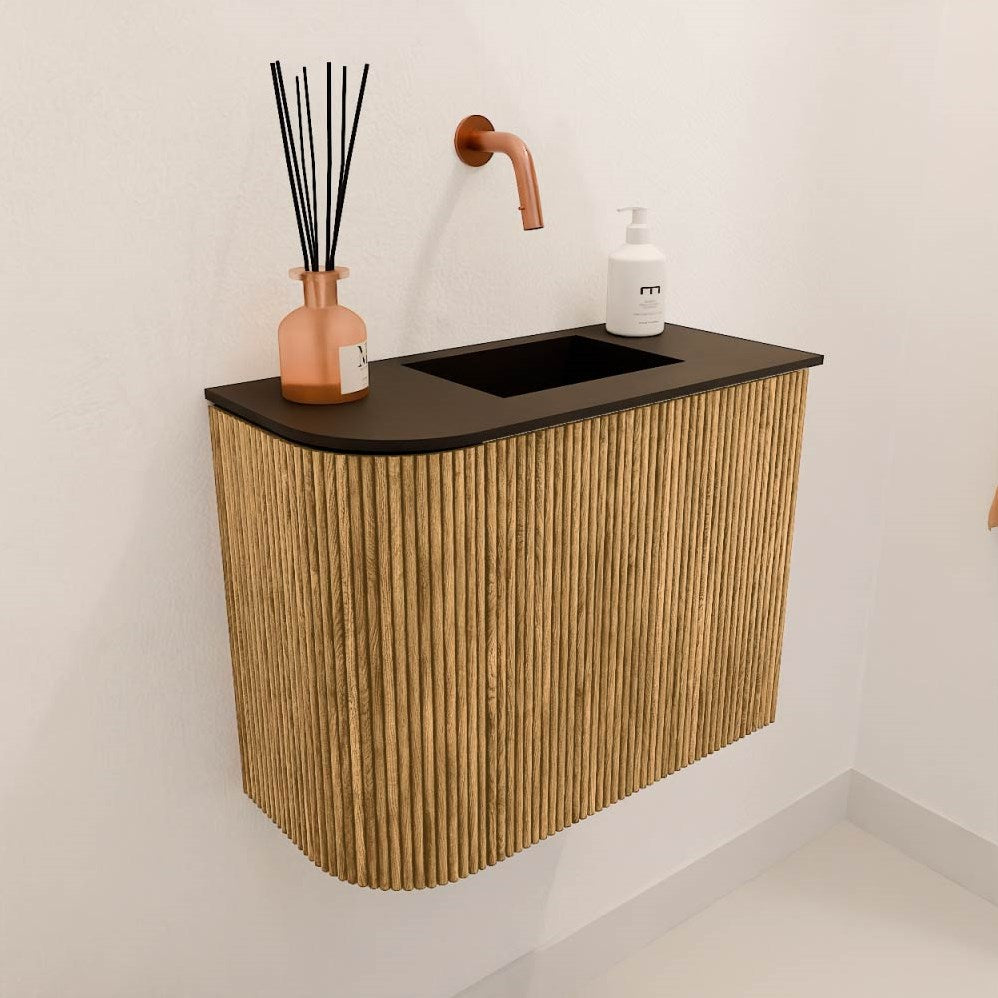 JOYA 51,6cm toiletmeubel ronding links kleur Oak. Wastafel FAYE positie Rechts Zonder kraangat kleur Urban.