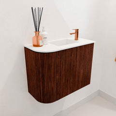JOYA 51,6cm toiletmeubel ronding links kleur Ruby. Wastafel FAYE positie Rechts 1 kraangat kleur Talc.