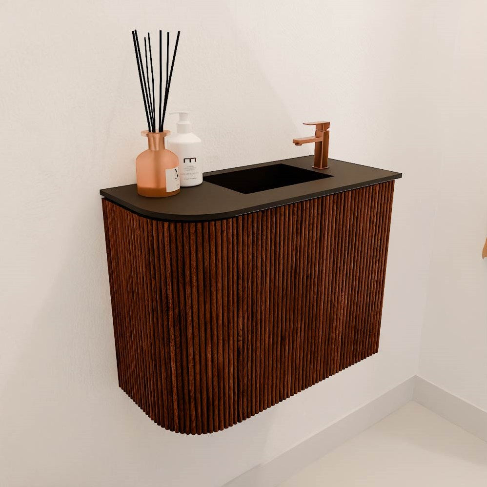 JOYA 51,6cm toiletmeubel ronding links kleur Ruby. Wastafel FAYE positie Rechts 1 kraangat kleur Urban.