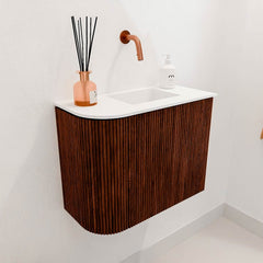 JOYA 51,6cm toiletmeubel ronding links kleur Ruby. Wastafel FAYE positie Rechts Zonder kraangat kleur Talc.