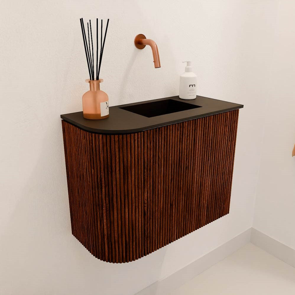 JOYA 51,6cm toiletmeubel ronding links kleur Ruby. Wastafel FAYE positie Rechts Zonder kraangat kleur Urban.