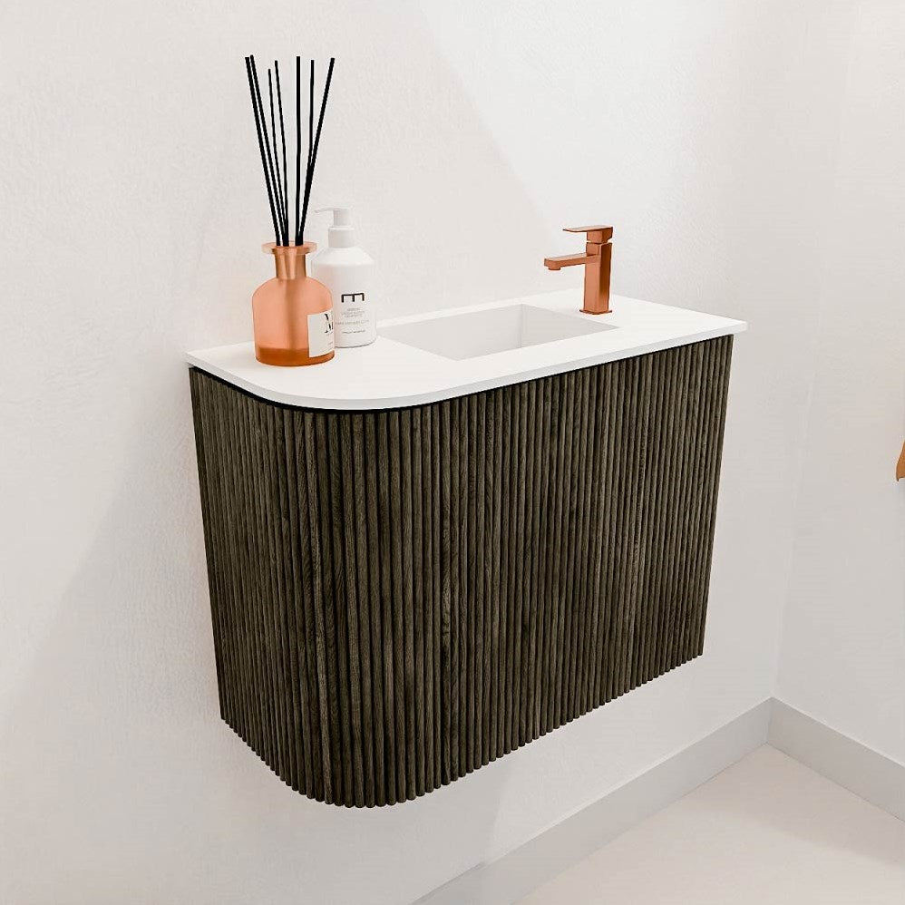 JOYA 51,6cm toiletmeubel ronding links kleur Shadow. Wastafel FAYE positie Rechts 1 kraangat kleur Talc.