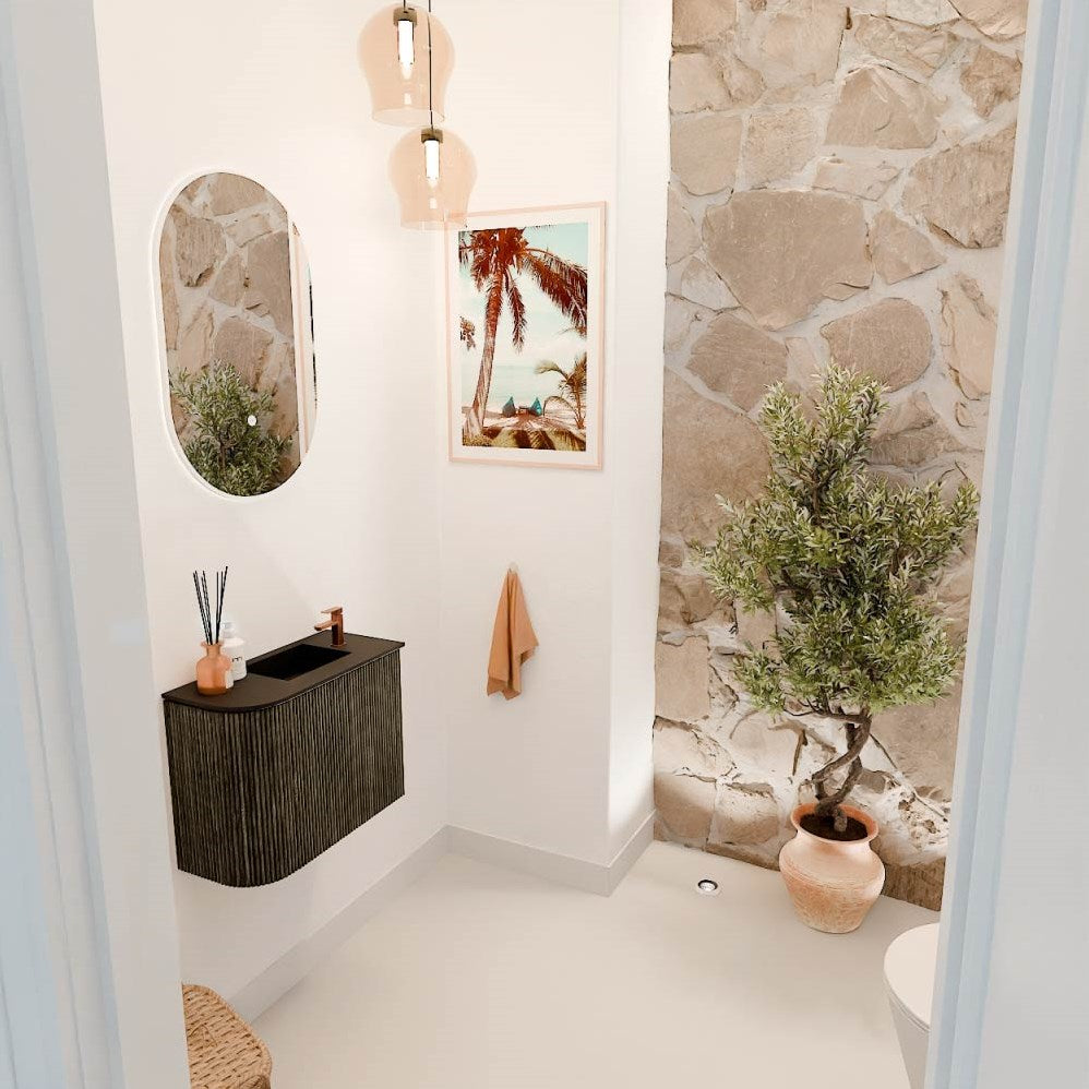 JOYA 51,6cm toiletmeubel ronding links kleur Shadow. Wastafel FAYE positie Rechts 1 kraangat kleur Urban.
