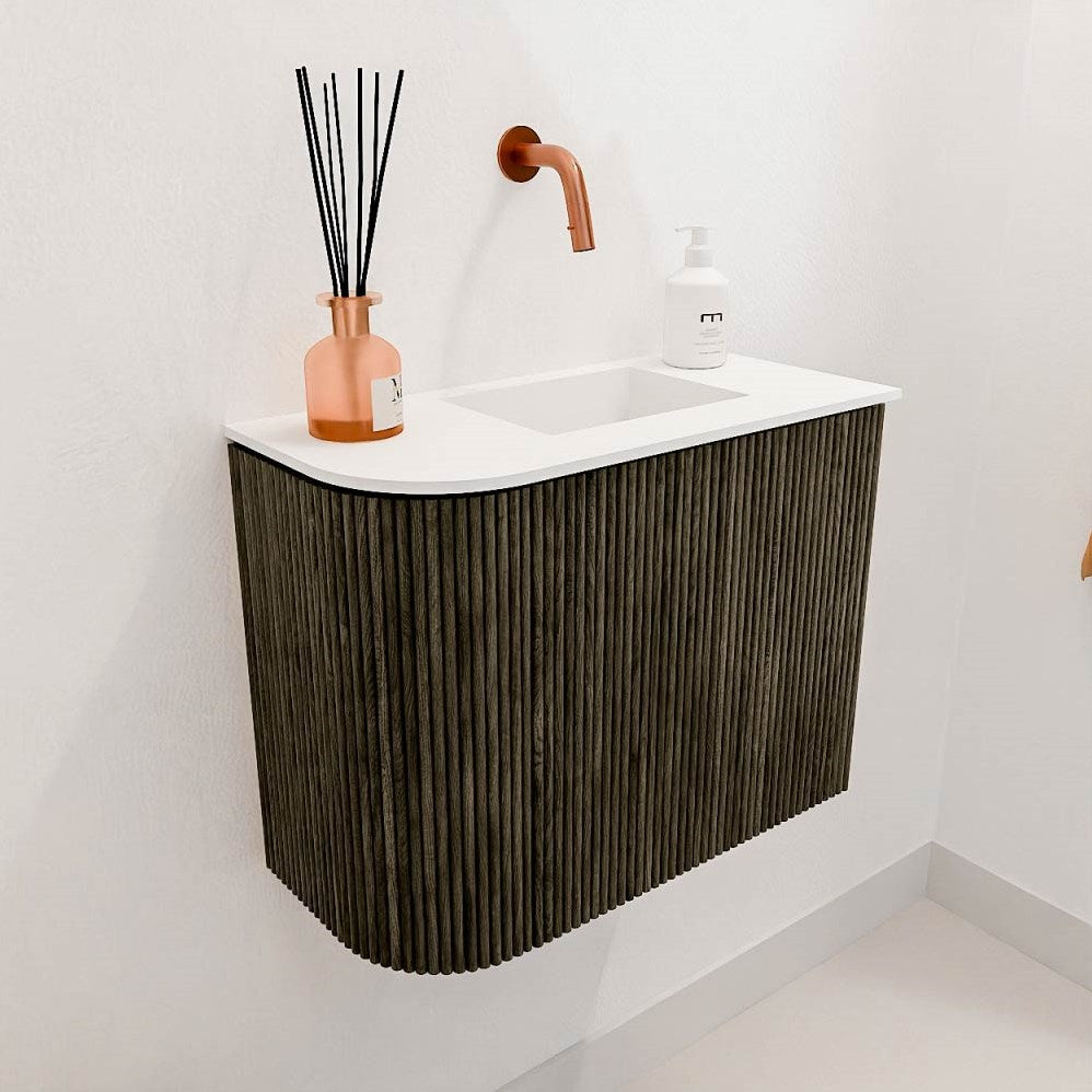 JOYA 51,6cm toiletmeubel ronding links kleur Shadow. Wastafel FAYE positie Rechts Zonder kraangat kleur Talc.