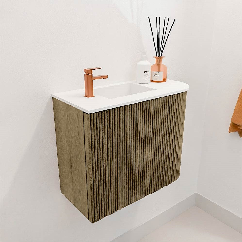 JOYA 51,6cm toiletmeubel ronding rechts kleur Dusk. Wastafel FAYE positie Links 1 kraangat kleur Talc.