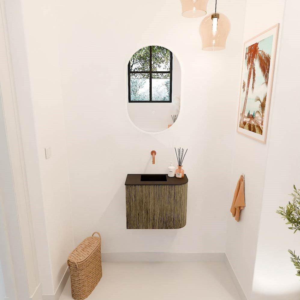 JOYA 51,6cm toiletmeubel ronding rechts kleur Dusk. Wastafel FAYE positie Links Zonder kraangat kleur Urban.