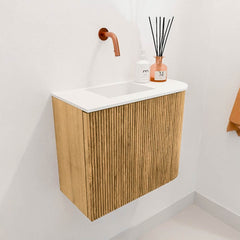 JOYA 51,6cm toiletmeubel ronding rechts kleur Oak. Wastafel FAYE positie Links Zonder kraangat kleur Talc.