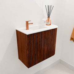 JOYA 51,6cm toiletmeubel ronding rechts kleur Ruby. Wastafel FAYE positie Links 1 kraangat kleur Talc.