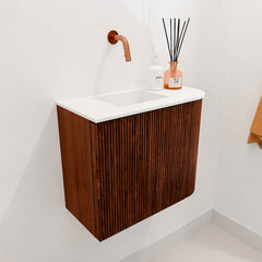 JOYA 51,6cm toiletmeubel ronding rechts kleur Ruby. Wastafel FAYE positie Links Zonder kraangat kleur Talc.