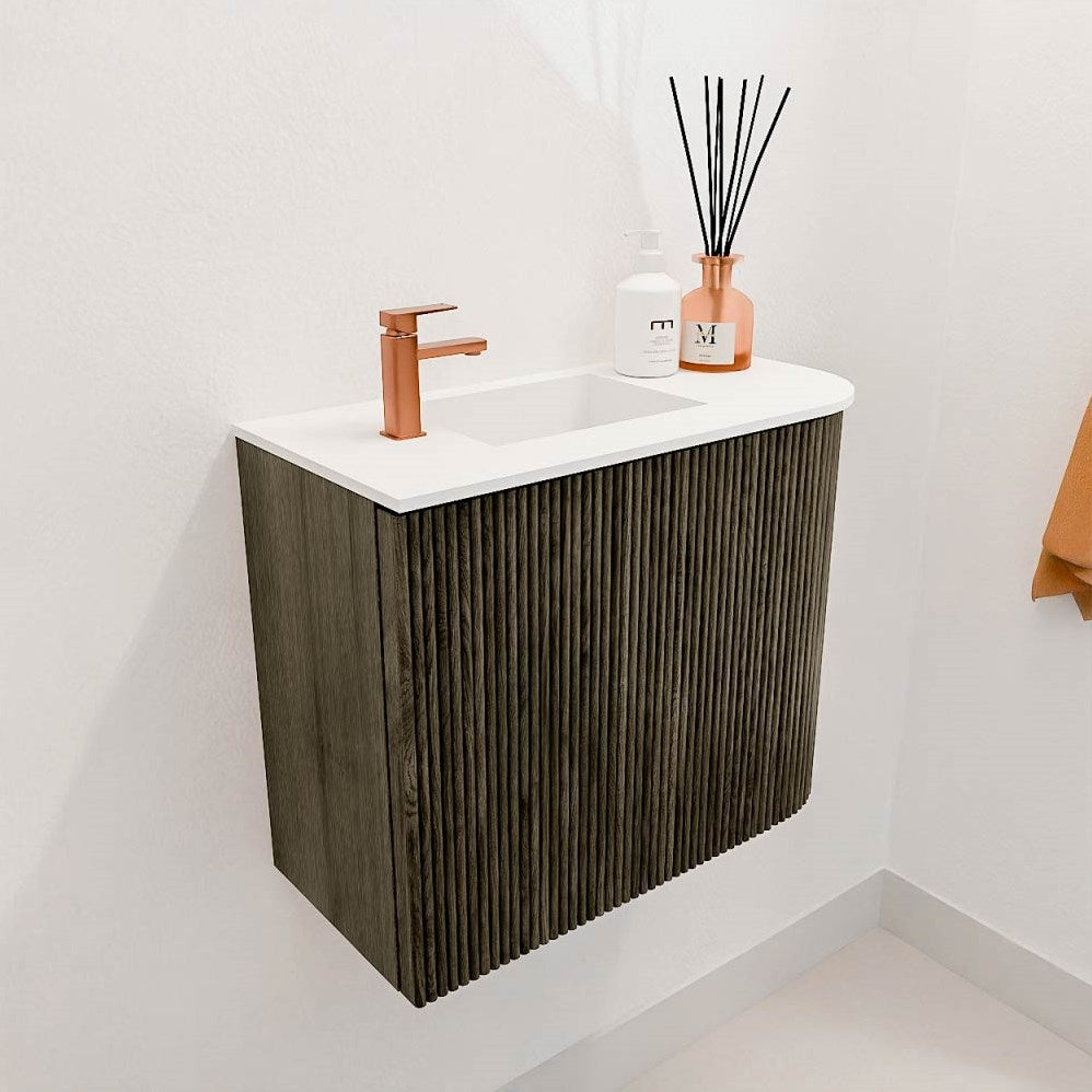 JOYA 51,6cm toiletmeubel ronding rechts kleur Shadow. Wastafel FAYE positie Links 1 kraangat kleur Talc.