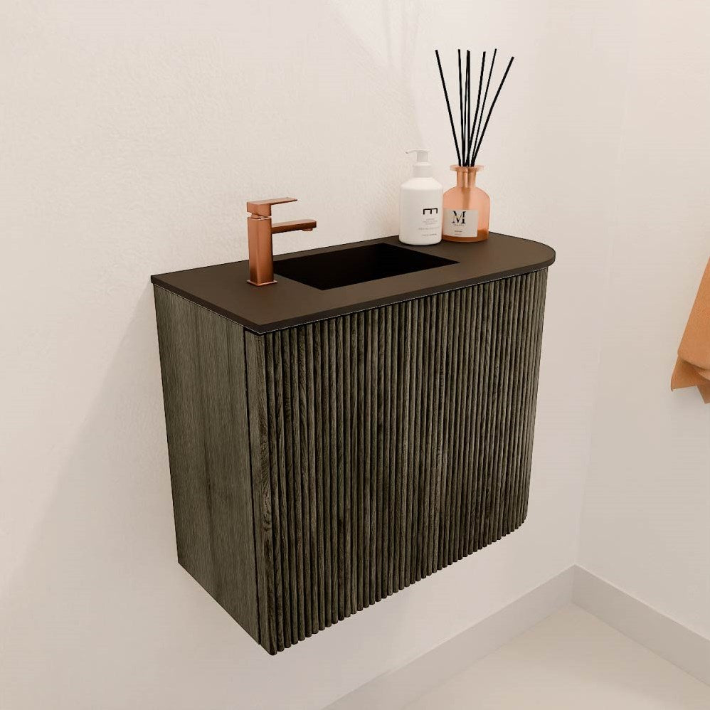 JOYA 51,6cm toiletmeubel ronding rechts kleur Shadow. Wastafel FAYE positie Links 1 kraangat kleur Urban.
