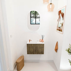 JOYA 60cm toiletmeubel kleur Dusk. Wastafel FAYE positie Links 1 kraangat kleur Talc.