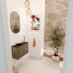 JOYA 60cm toiletmeubel kleur Dusk. Wastafel FAYE positie Links 1 kraangat kleur Urban.