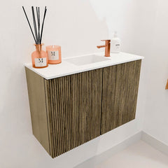 JOYA 60cm toiletmeubel kleur Dusk. Wastafel FAYE positie Midden 1 kraangat kleur Talc.