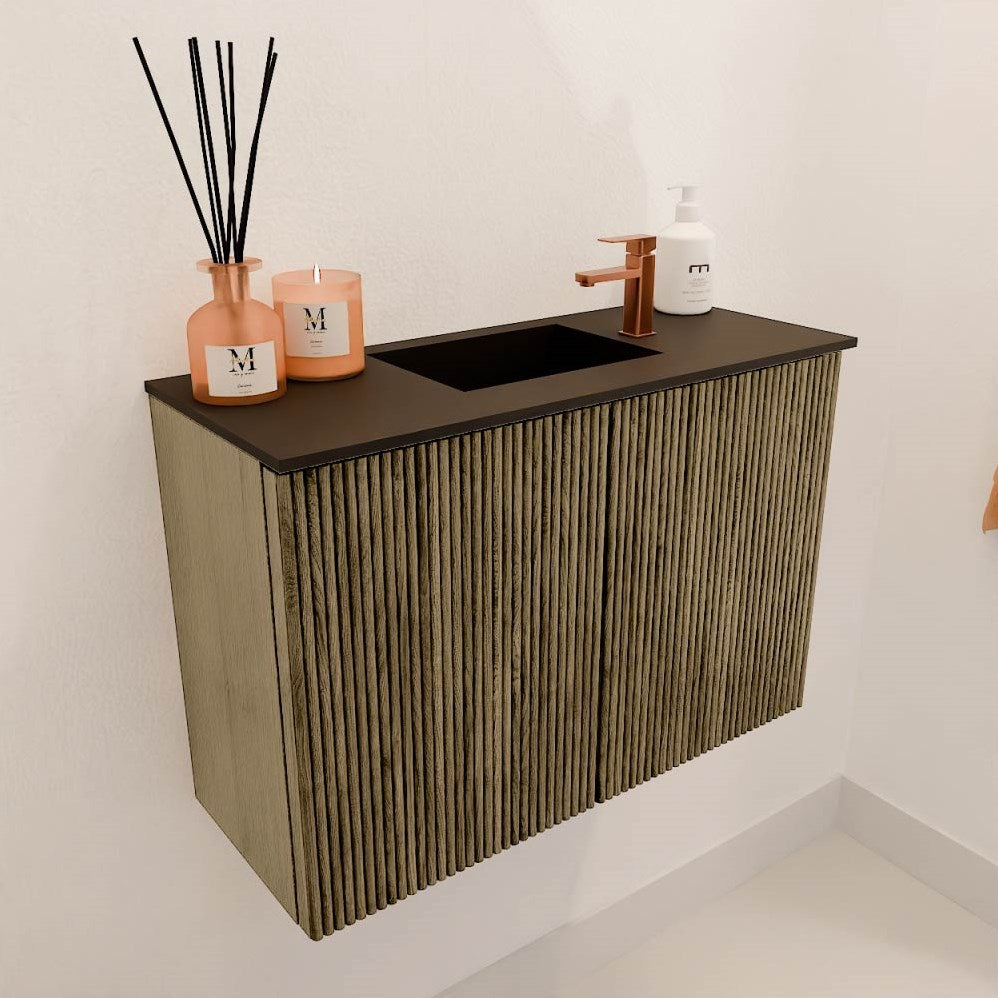 JOYA 60cm toiletmeubel kleur Dusk. Wastafel FAYE positie Midden 1 kraangat kleur Urban.
