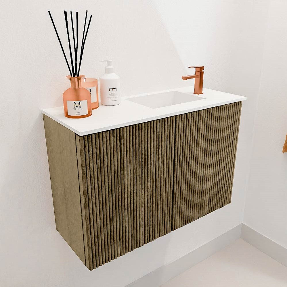JOYA 60cm toiletmeubel kleur Dusk. Wastafel FAYE positie Rechts 1 kraangat kleur Talc.