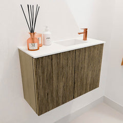 JOYA 60cm toiletmeubel kleur Dusk. Wastafel FAYE positie Rechts 1 kraangat kleur Talc.
