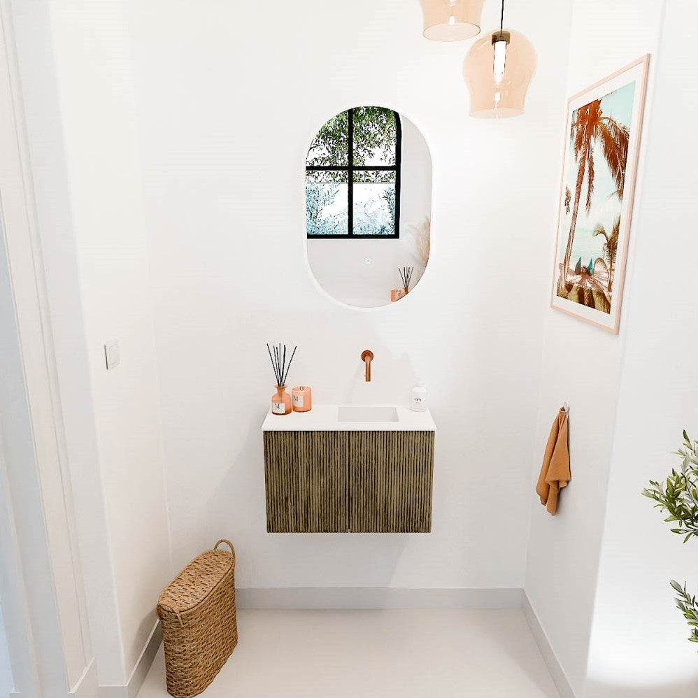 JOYA 60cm toiletmeubel kleur Dusk. Wastafel FAYE positie Rechts Zonder kraangat kleur Talc.