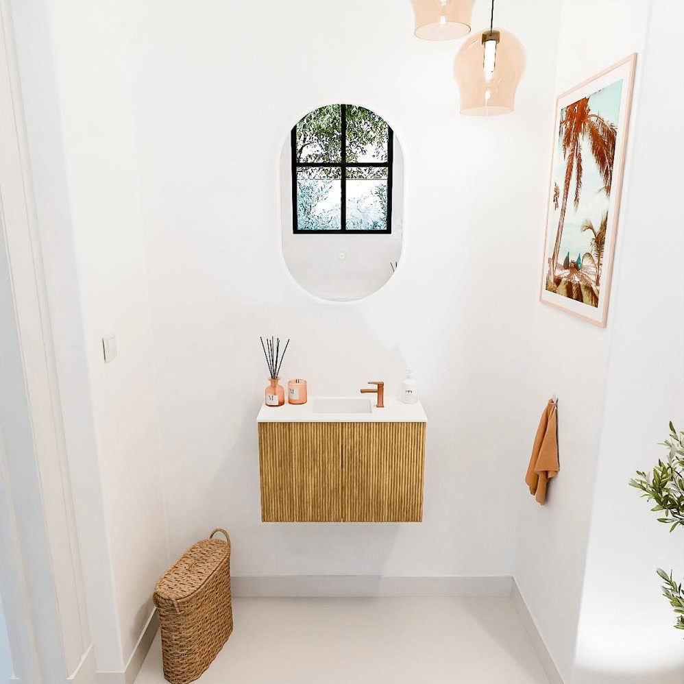 JOYA 60cm toiletmeubel kleur Oak. Wastafel FAYE positie Midden 1 kraangat kleur Talc.