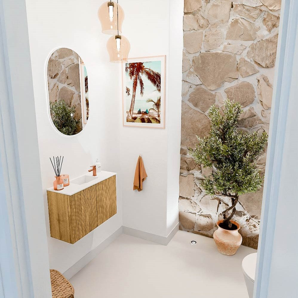 JOYA 60cm toiletmeubel kleur Oak. Wastafel FAYE positie Midden 1 kraangat kleur Talc.