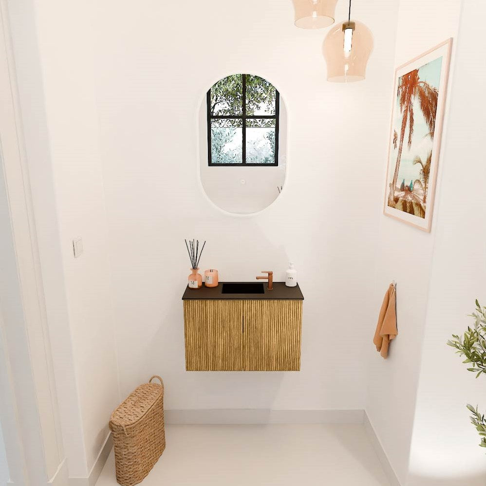 JOYA 60cm toiletmeubel kleur Oak. Wastafel FAYE positie Midden 1 kraangat kleur Urban.