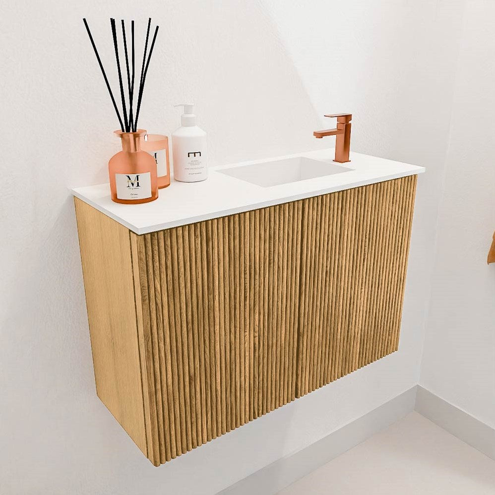 JOYA 60cm toiletmeubel kleur Oak. Wastafel FAYE positie Rechts 1 kraangat kleur Talc.