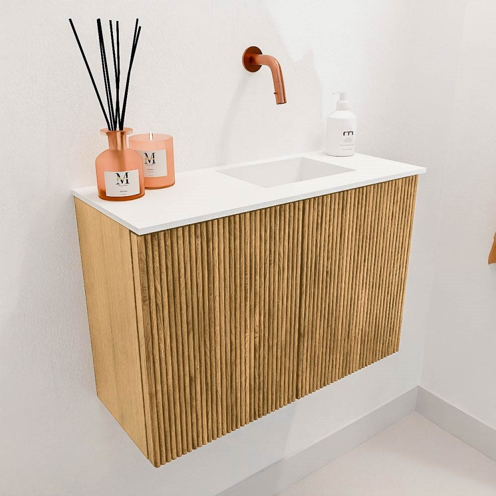 JOYA 60cm toiletmeubel kleur Oak. Wastafel FAYE positie Rechts Zonder kraangat kleur Talc.