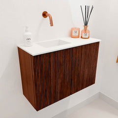 JOYA 60cm toiletmeubel kleur Ruby. Wastafel FAYE positie Links Zonder kraangat kleur Talc.