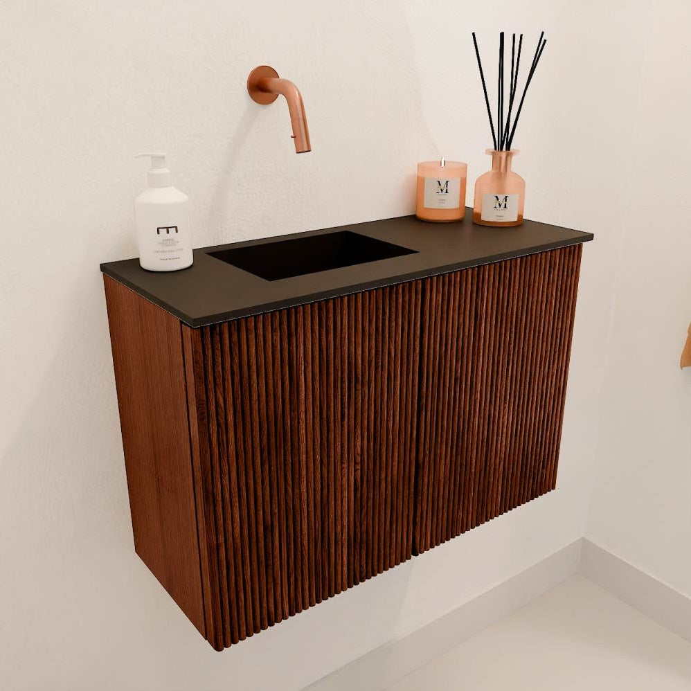 JOYA 60cm toiletmeubel kleur Ruby. Wastafel FAYE positie Links Zonder kraangat kleur Urban.