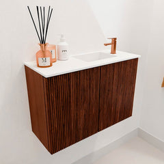 JOYA 60cm toiletmeubel kleur Ruby. Wastafel FAYE positie Rechts 1 kraangat kleur Talc.