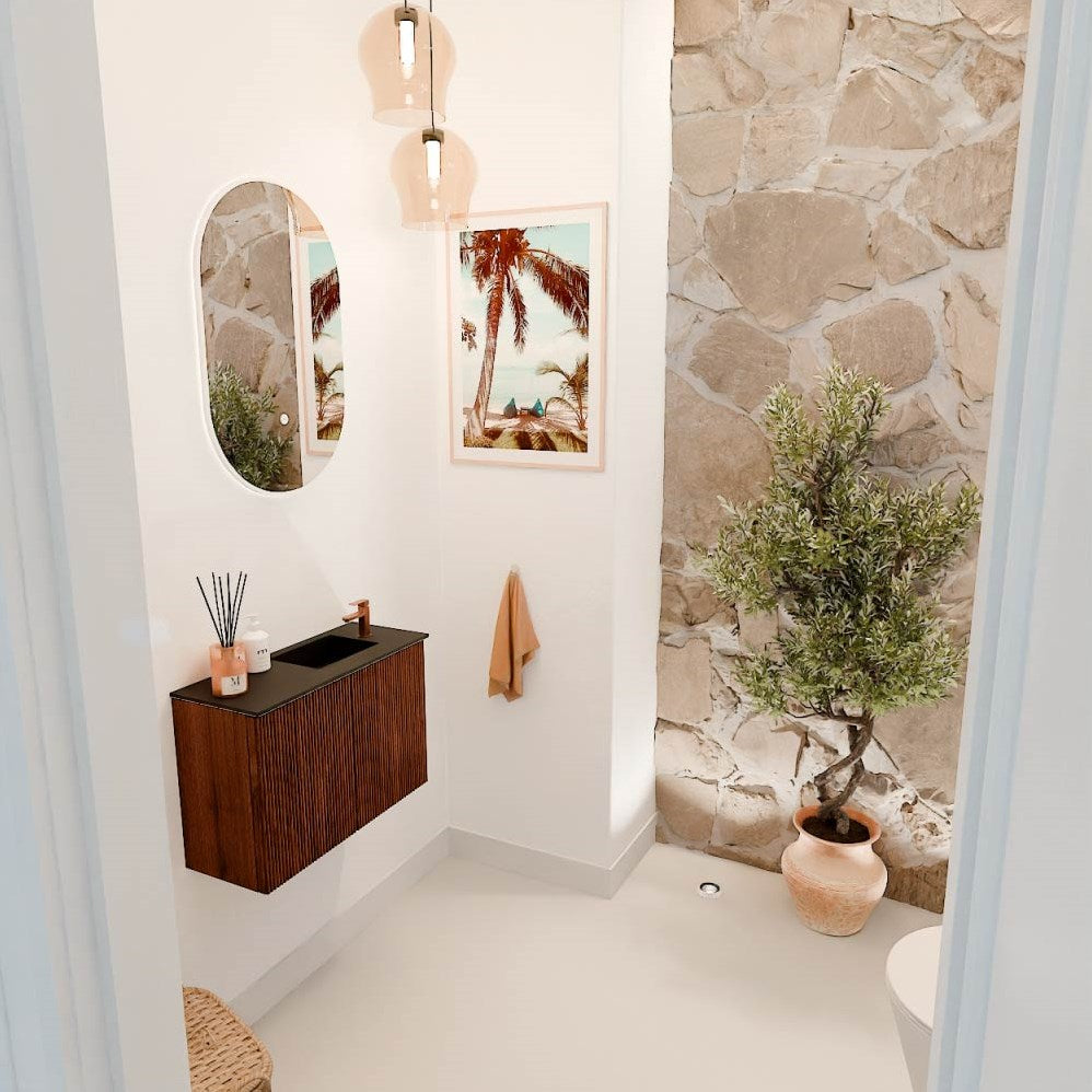 JOYA 60cm toiletmeubel kleur Ruby. Wastafel FAYE positie Rechts 1 kraangat kleur Urban.