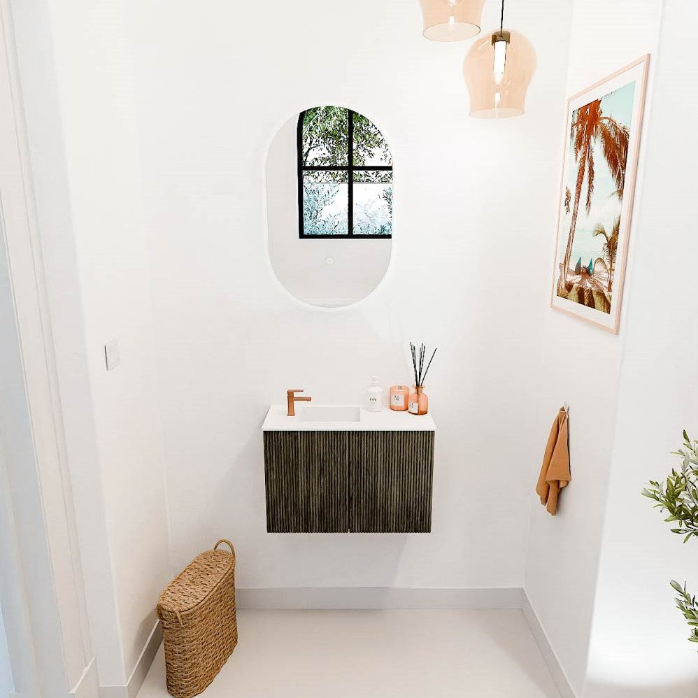 JOYA 60cm toiletmeubel kleur Shadow. Wastafel FAYE positie Links 1 kraangat kleur Talc.