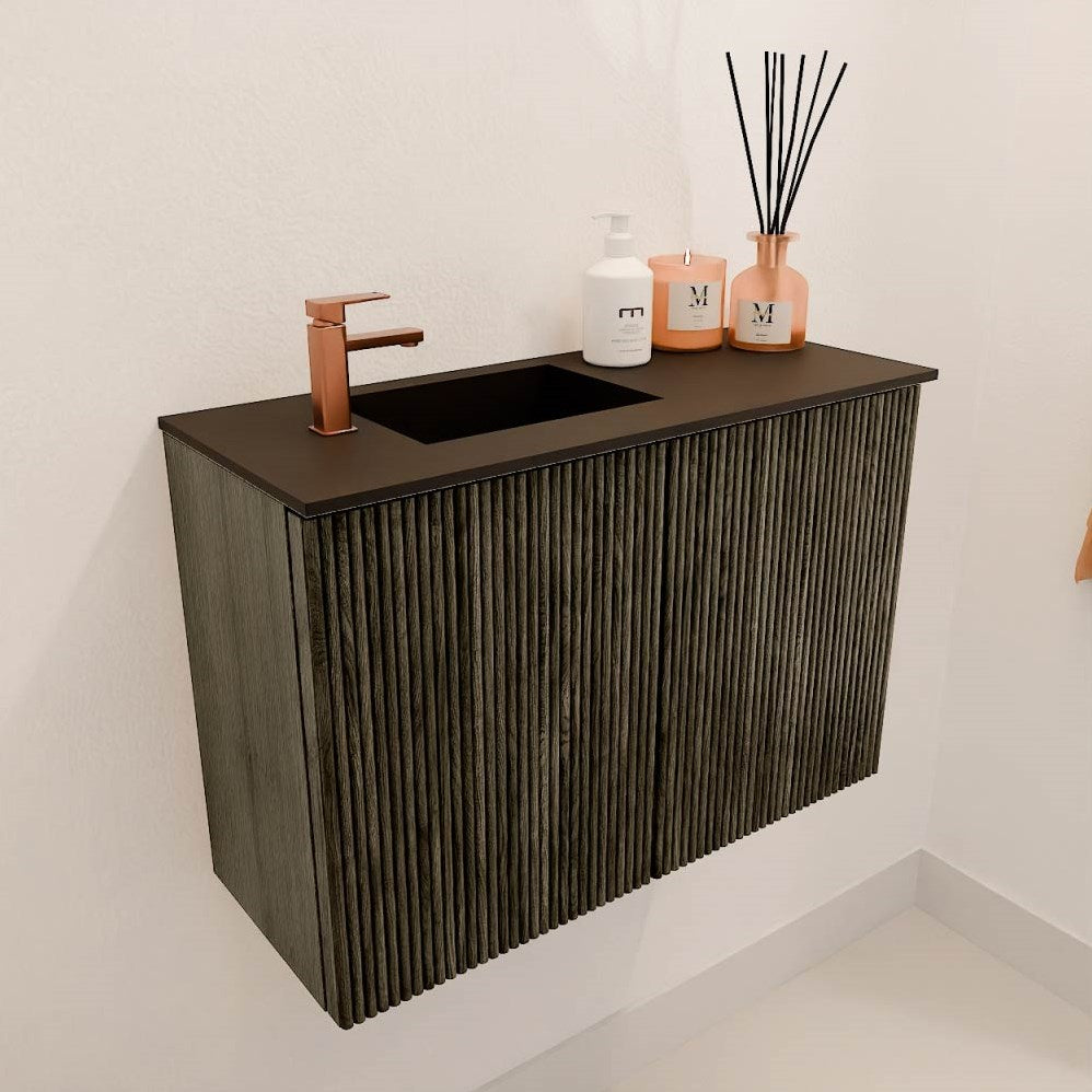 JOYA 60cm toiletmeubel kleur Shadow. Wastafel FAYE positie Links 1 kraangat kleur Urban.