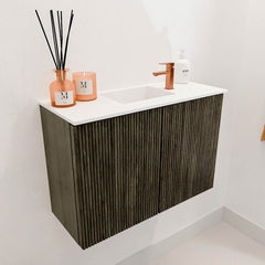 JOYA 60cm toiletmeubel kleur Shadow. Wastafel FAYE positie Midden 1 kraangat kleur Talc.