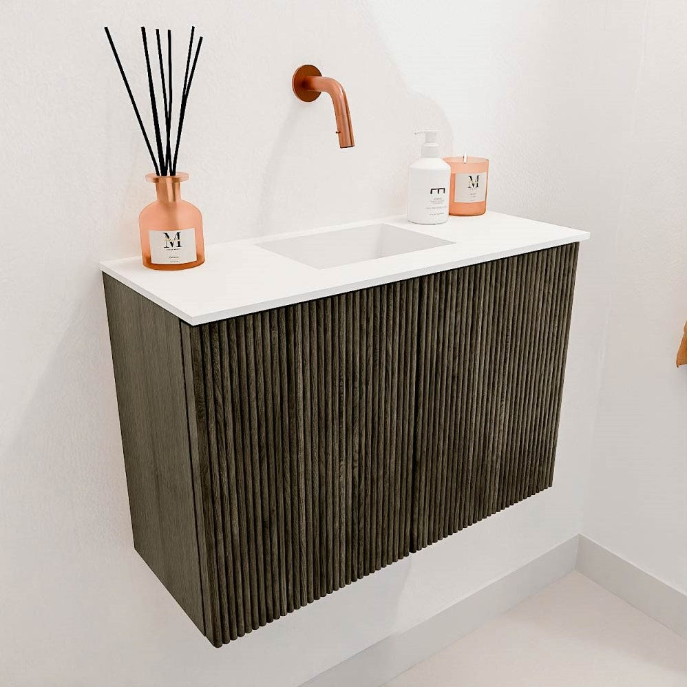 JOYA 60cm toiletmeubel kleur Shadow. Wastafel FAYE positie Midden Zonder kraangat kleur Talc.