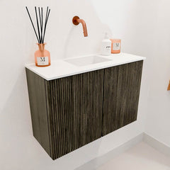 JOYA 60cm toiletmeubel kleur Ruby. Wastafel FAYE positie Rechts Zonder kraangat kleur Urban.