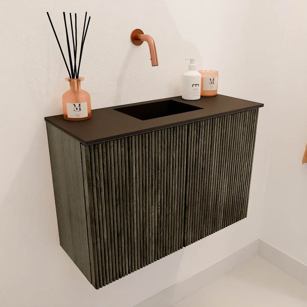 JOYA 60cm toiletmeubel kleur Shadow. Wastafel FAYE positie Midden Zonder kraangat kleur Urban.