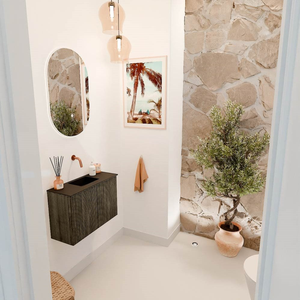JOYA 60cm toiletmeubel kleur Shadow. Wastafel FAYE positie Midden Zonder kraangat kleur Urban.