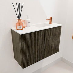JOYA 60cm toiletmeubel kleur Shadow. Wastafel FAYE positie Rechts 1 kraangat kleur Talc.