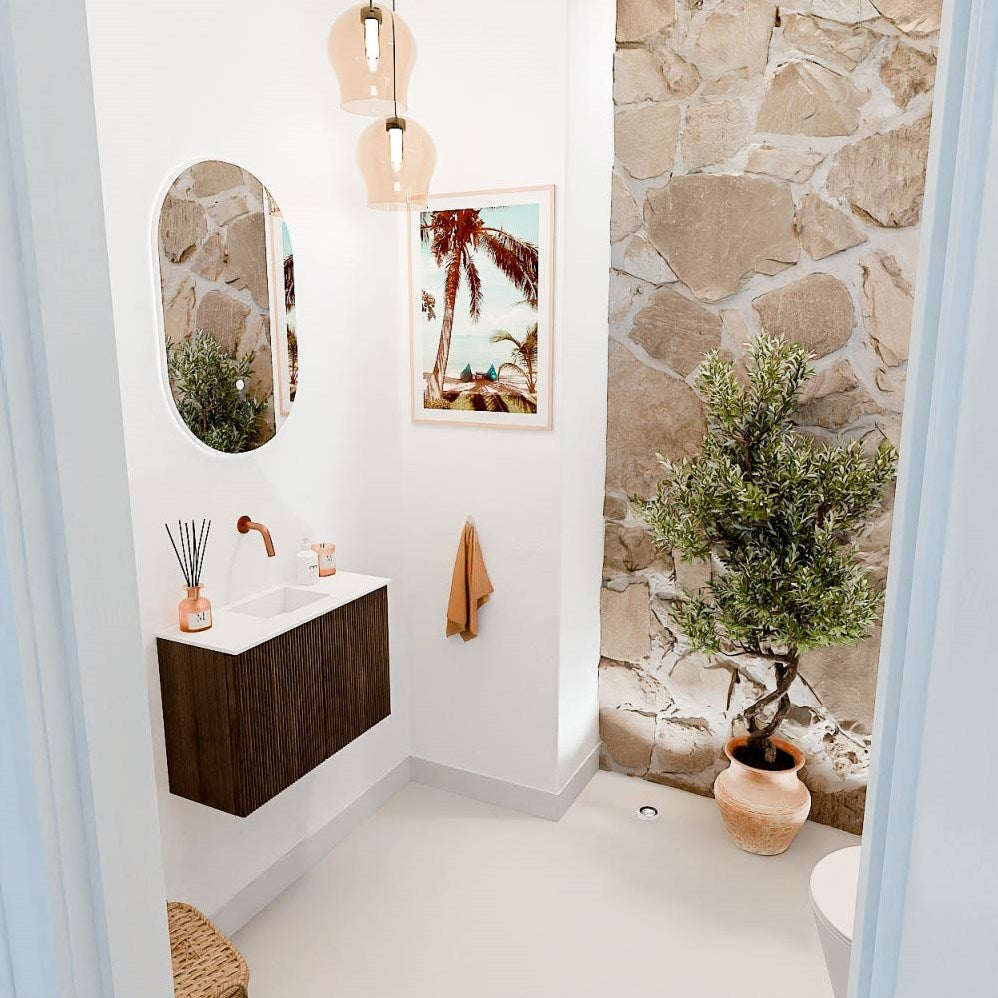 JOYA 60cm toiletmeubel kleur Walnut. Wastafel FAYE positie Midden Zonder kraangat kleur Talc.