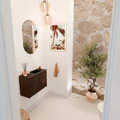 JOYA 60cm toiletmeubel kleur Walnut. Wastafel FAYE positie Rechts 1 kraangat kleur Urban.