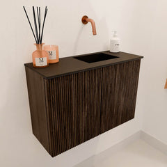 JOYA 60cm toiletmeubel kleur Walnut. Wastafel FAYE positie Rechts Zonder kraangat kleur Urban.