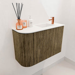 JOYA 61,6cm toiletmeubel ronding links kleur Dusk. Wastafel FAYE positie Rechts 1 kraangat kleur Talc.
