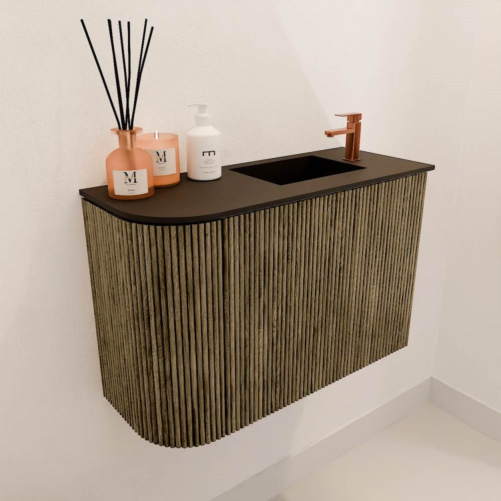 JOYA 61,6cm toiletmeubel ronding links kleur Dusk. Wastafel FAYE positie Rechts 1 kraangat kleur Urban.