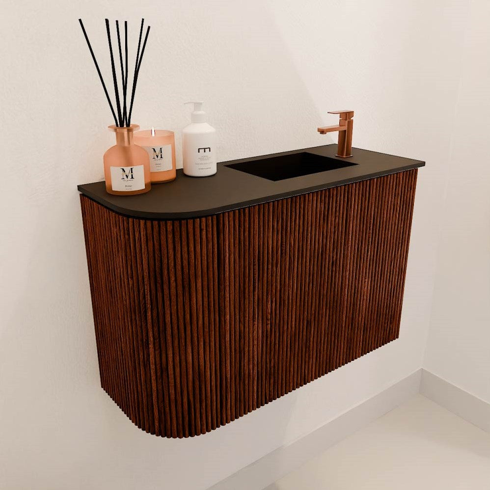 JOYA 61,6cm toiletmeubel ronding links kleur Ruby. Wastafel FAYE positie Rechts 1 kraangat kleur Urban.