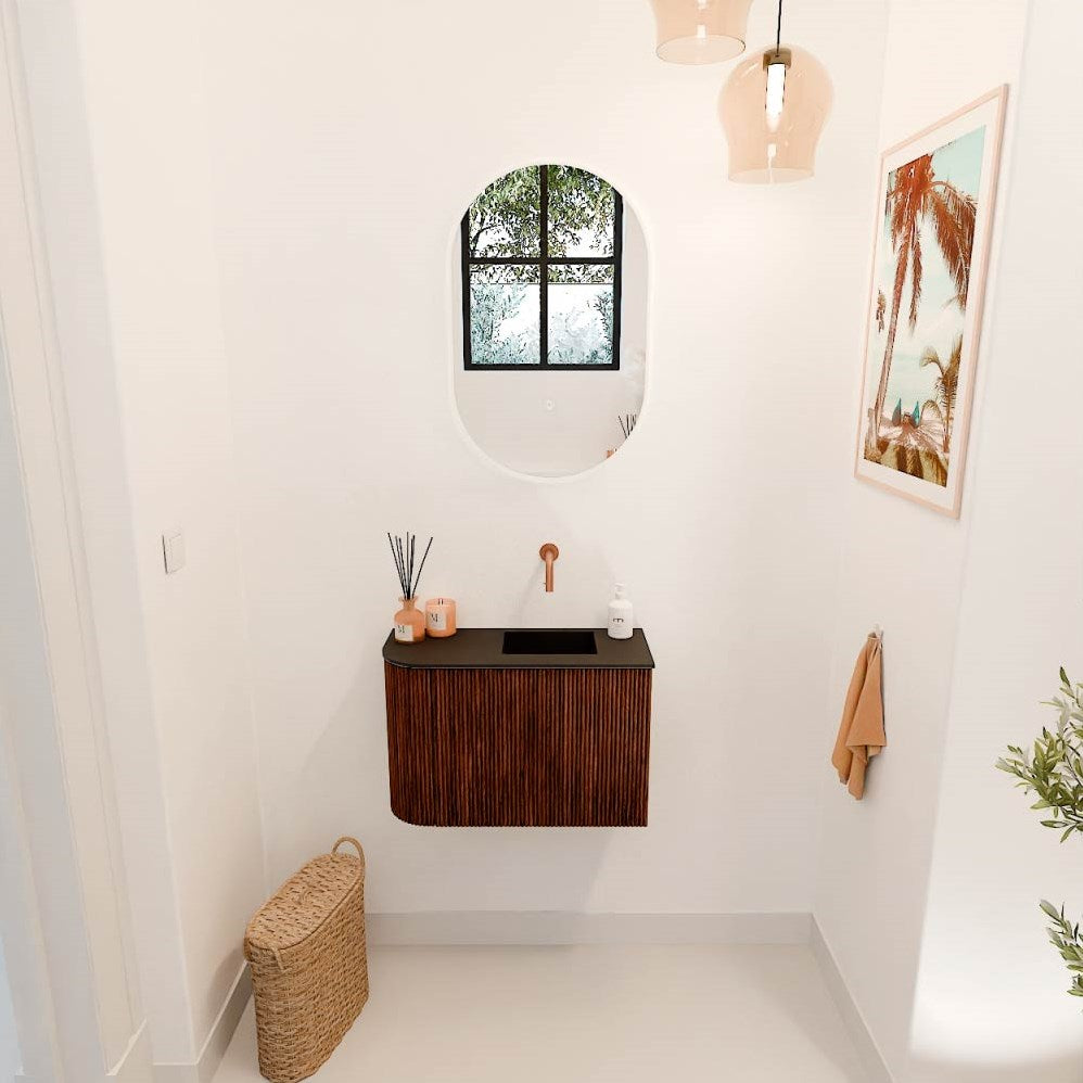 JOYA 61,6cm toiletmeubel ronding links kleur Ruby. Wastafel FAYE positie Rechts Zonder kraangat kleur Urban.